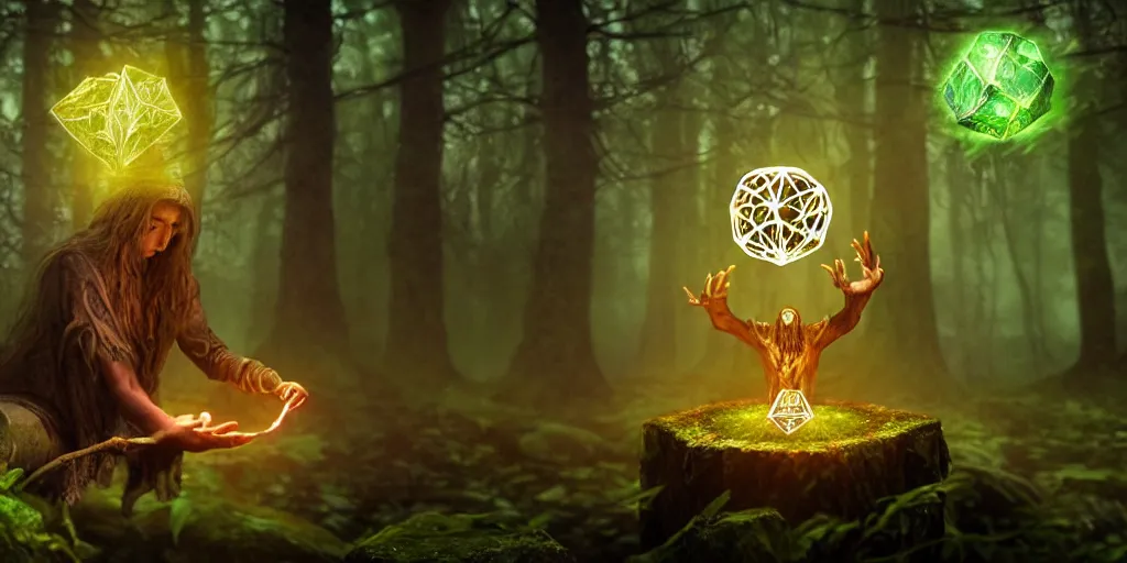 Prompt: a mythical, magical forest spirit wizard casting a spell on a 3 d cube dice, glowing energy, fantasy magic, by willian murai and jason chan and marco bucci, hyper detailed and realistic, illustration, sharp focus, cinematic, rule of thirds, foresthour