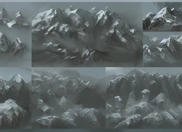 Prompt: set of mountains, concept art by senior environment artist, polycount, environmental art, concept art, # vfxfriday