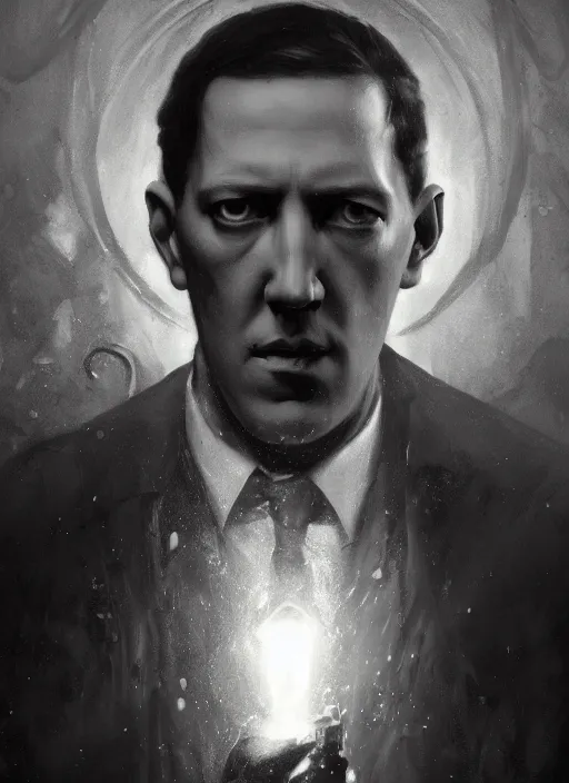 Image similar to highly detailed portrait of h p lovecraft by greg rutkowski, mike mignola, tom bagshaw artgerm and ross tran, beautiful dramatic dark moody lighting, volumetric, cinematic atmosphere, photorealism, glossy magazine painting, global illumination, deep color, 8 k resolution, high details, flickr, dslr, zbrushcentral, cgsociety, artstation