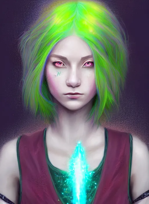 Image similar to Portrait of young female sorcerer, D&D fantasy, her hair is green and styled in a Bob Cut, magic particles fly from her hands, she has a distant expression, and is wearing a shirt and vest. A pixie with blonde hair floats above her shoulder. Intricate, highly detailed, digital painting, artstation, concept art, sharp focus, illustration, art by greg rutkowski and Ross Tran