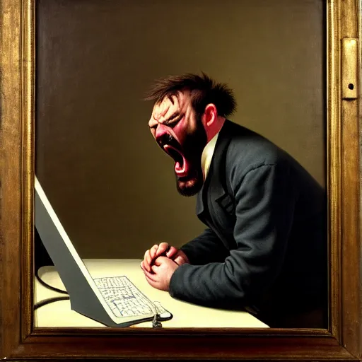 Image similar to an angry man yells at his computer monitor, oil on canvas, 1 8 8 3, highly detailed