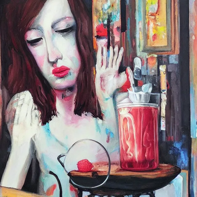 Image similar to “ sensual, a portrait in a female art student ’ s apartment, pancakes, woman drinking an iced latte from a painting, berries, art supplies, a candle dripping white wax, berry juice drips, neo - expressionism, surrealism, acrylic and spray paint and oilstick on canvas ”