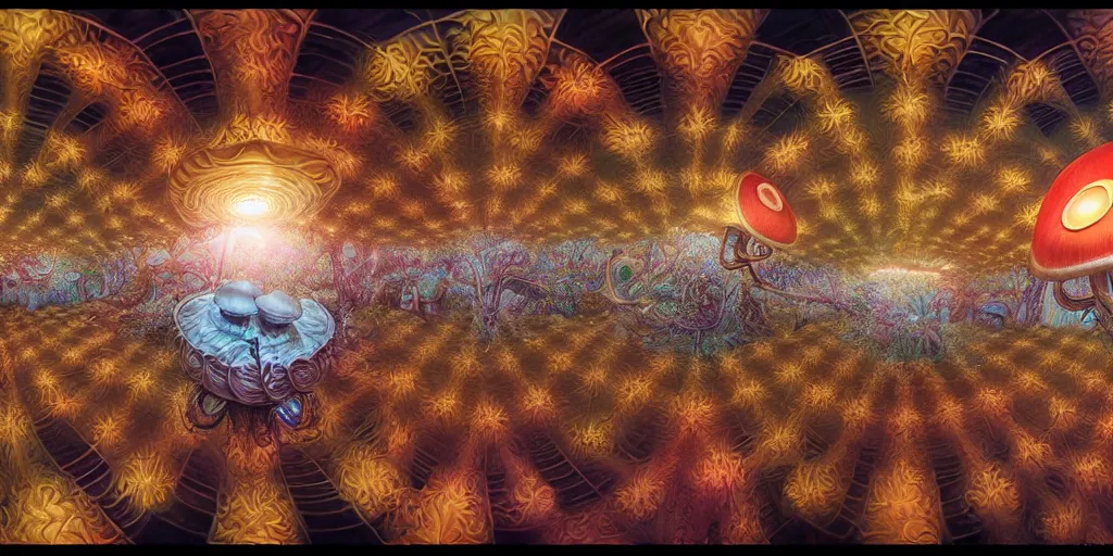 Image similar to 360 degree panoramic, anthropomorphic mushroom carnival attractions portrait, Art Deco nature, fantasy, intricate art deco mushroom designs, elegant, highly detailed fractals, sharp focus, fractal big top, equirectangular, 360, panoramic equirectangular, art by Artgerm and beeple and Greg Rutkowski and WLOP