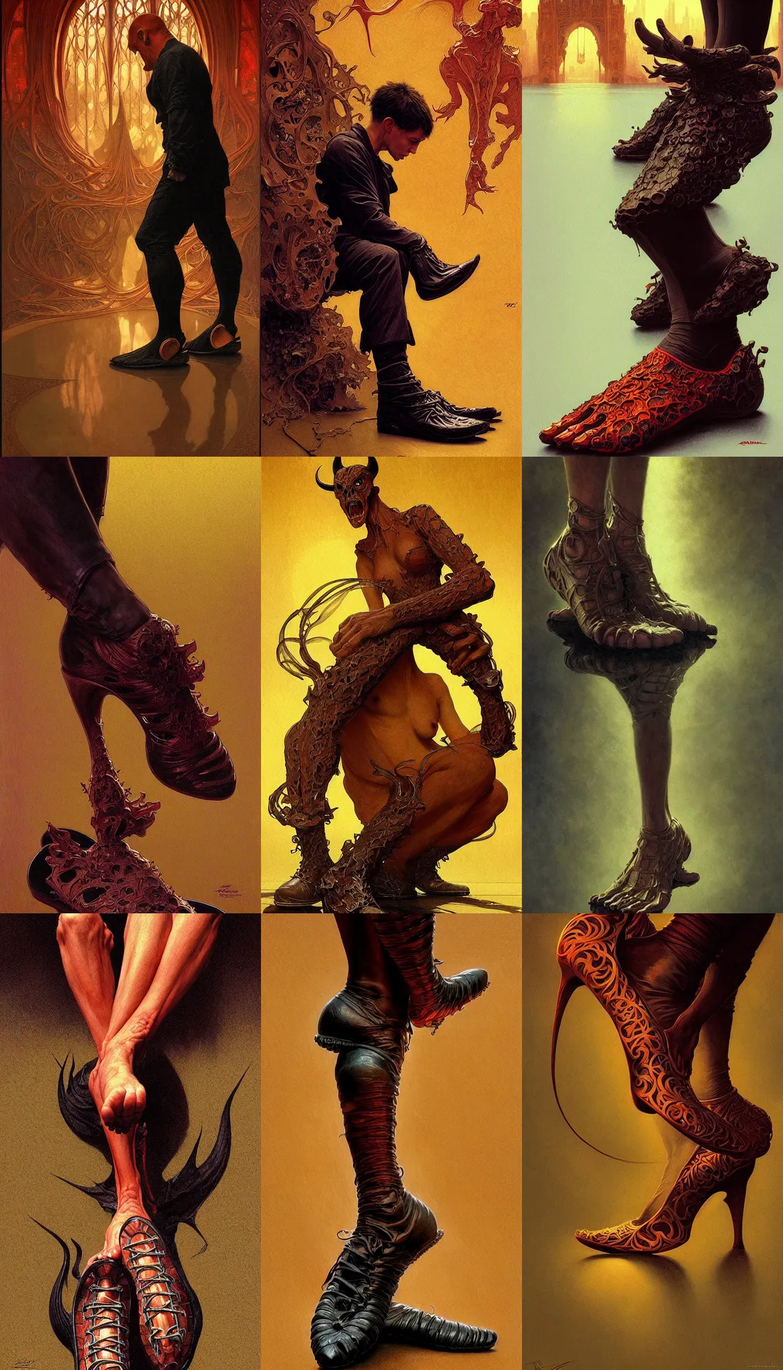 Prompt: portrait of the devil wearing toe shoes ( vibram five fingers ), digital art, technicolor, grim - lighting, high - contrast, intricate, elegant, highly detailed, centered, digital painting, artstation, concept art, smooth, sharp focus, illustration, artgerm, greg rutkowski, alphonse mucha, karol bak