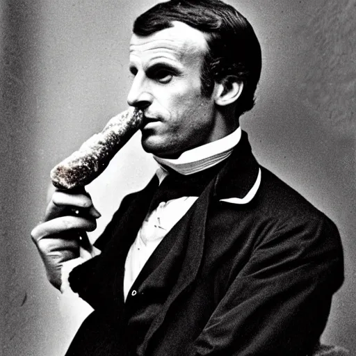 Image similar to emmanuel macron as a president of france eating a french baguette, 1 8 5 0 s style