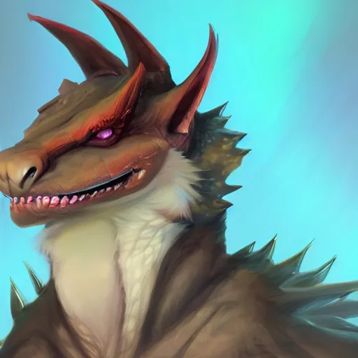 Image similar to anthro art, full body shot of a dragon smiling into the camera, furry art, furaffinity, extremely detailed, digital painting, artstation, concept art, smooth, sharp focus, illustration, trending