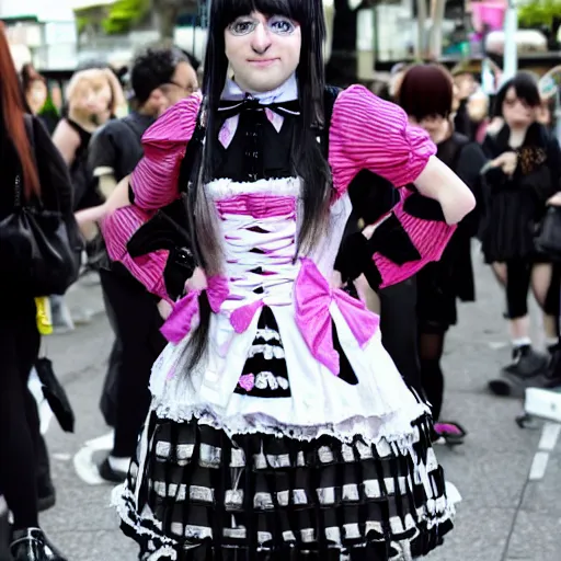 Image similar to cute looking martin shkreli wearing gothic lolita dress photographed at harajuku tokyo street fashion event,