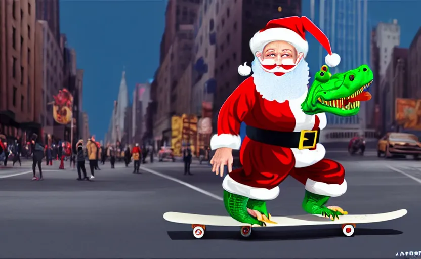 Image similar to a crocodile, dressed as santa claus, on a skateboard in the streets of new york city, concept art, digital illustration, unreal engine, trending on artstation