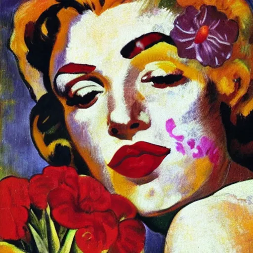 Prompt: Girl in flowers, red lipstick on her face, ugly look, Gauguin style, the appearance of Marilyn Monroe