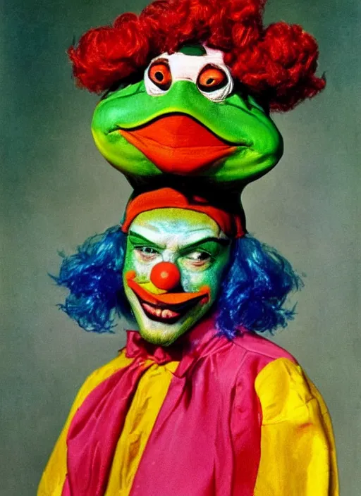 Prompt: Clown Frog King, clown world, clown makeup and rainbow wig, portrait by Frank Frazetta