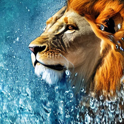 Image similar to a male lion's face breaching through a wall of water, water sprites, splashing, deep blue water color, highly detailed, realistic digital art