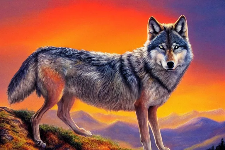 Image similar to wolf on the mountain, extremely detailed oil painting, sunset, orange gradient, 8k