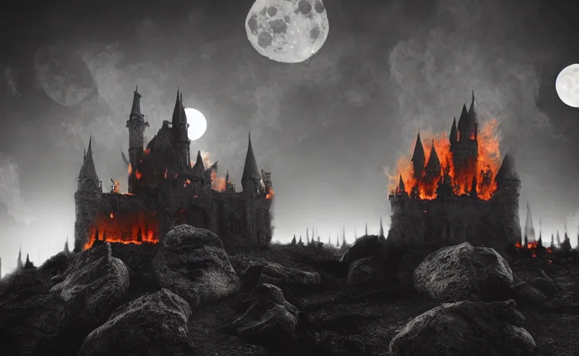 Prompt: a picture in high contrast of burning!!! gothic! castle in smoke on a hill, chaos, full moon in clouds, visual art, 8 k resolution, 3 d modelling, soft lighting