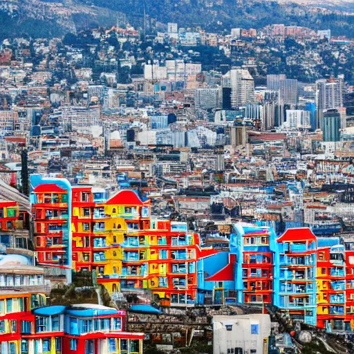 Image similar to City on a hillside, futuristic city on mountainside, red yellow and blue buildings, clouds on hill