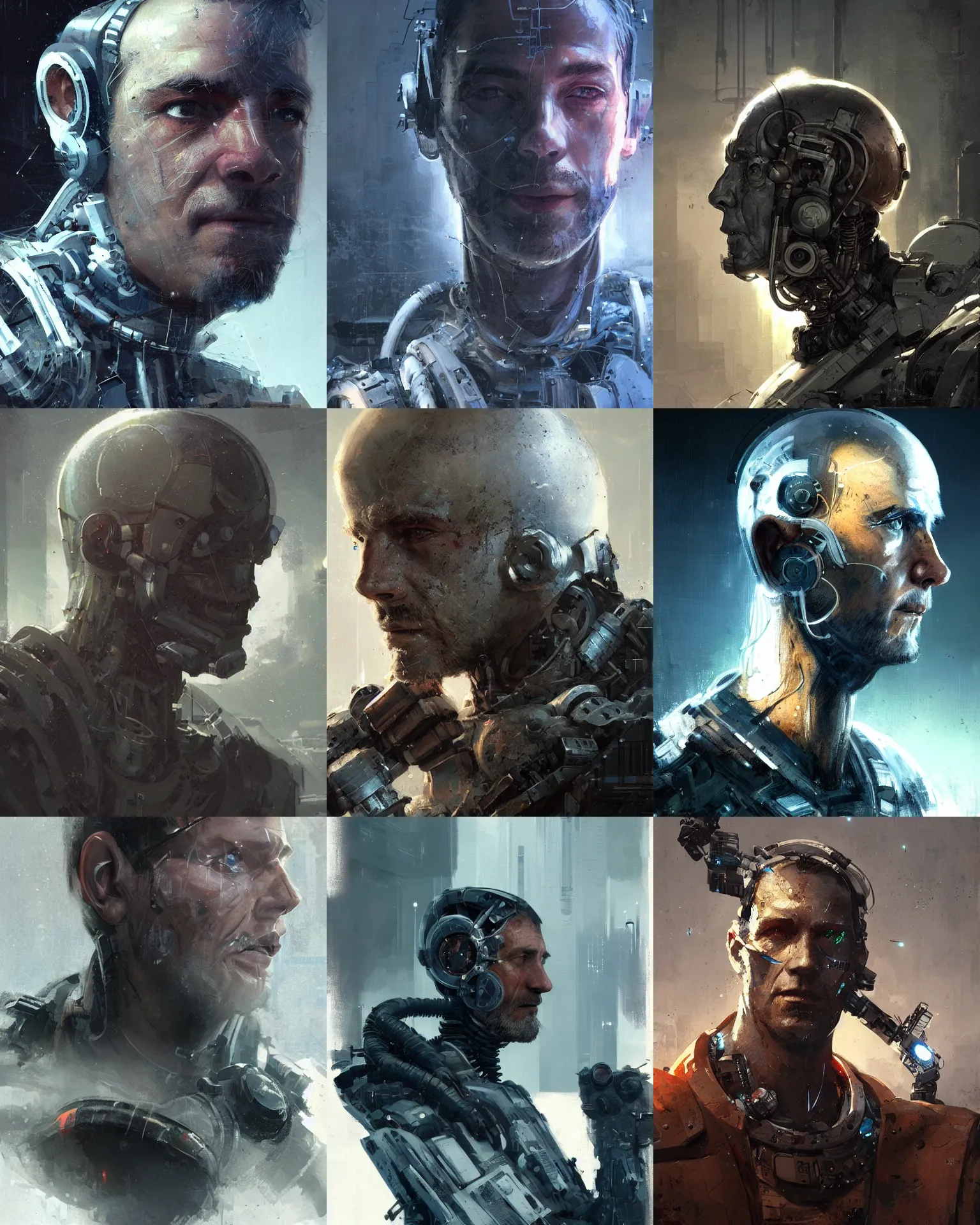 Prompt: a rugged laboratory engineer man with cybernetic enhancements as seen from a distance, scifi character portrait by greg rutkowski, craig mullins, 1 / 4 headshot, cinematic lighting, dystopian scifi outfit, profile picture, mechanical, cyborg, half robot