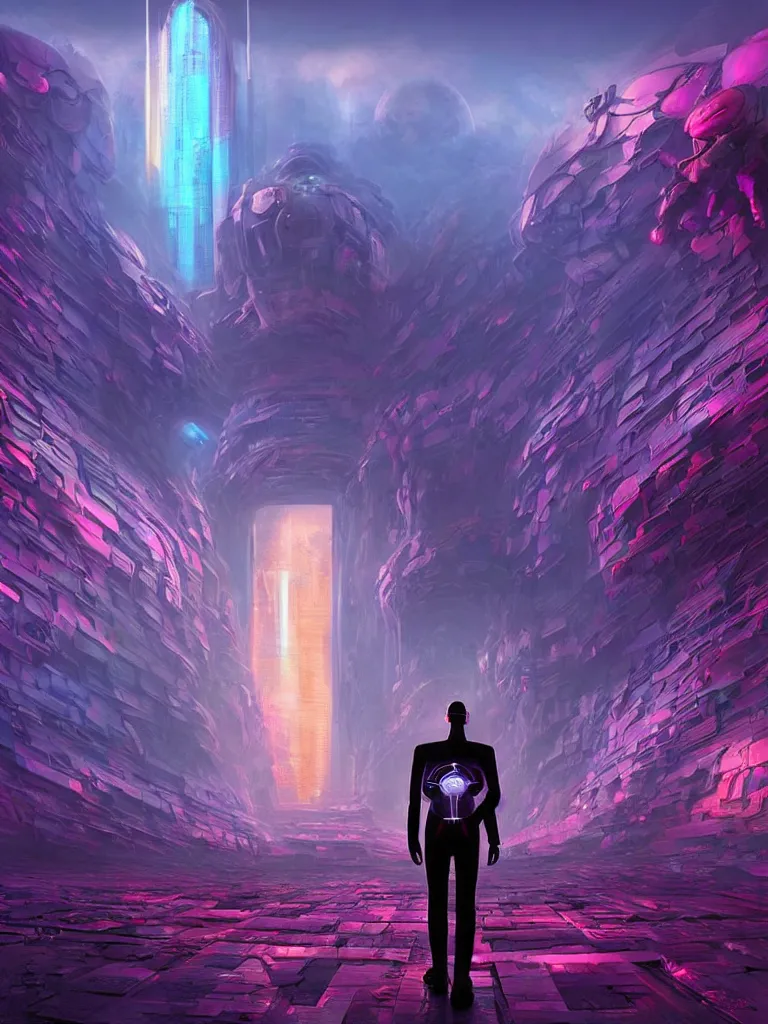 Image similar to entrance to ethereal realm, humans and robots, rendered in unreal engine, central composition, symmetrical composition, dreamy colorful cyberpunk colors, 6 point perspective, fantasy landscape with anthropomorphic!!! terrain!!! in the styles of igor morski, jim warren, and rob gonsalves, intricate, hyperrealistic, volumetric lighting, big sky, distinct horizon