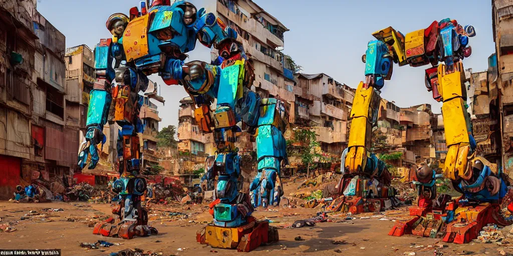 Image similar to colourful - damaged - giant mecha ROBOT of AJEGUNLE SLUMS of Lagos, markings on robot, Golden Hour, in the style of Ghibli,