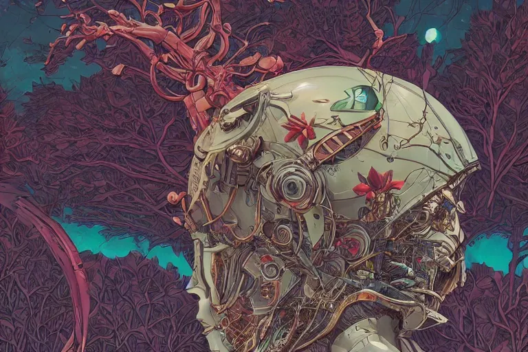 Image similar to gigantic mecha head, a lot of exotic vegetation, trees, flowers by moebius, dull colors, junji ito, tristan eaton, victo ngai, artgerm, rhads, ross draws, hyperrealism, intricate detailed, risograph