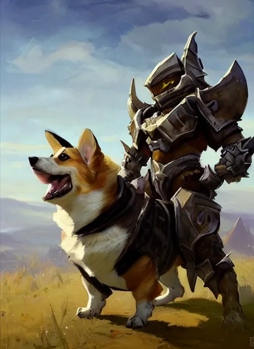 Image similar to Greg Manchess painting of a Corgi Charr from Guild Wars 2 wearing Forerunner Armor from Halo, countryside, calm, fantasy character portrait, dynamic pose, above view, sunny day, artwork by Jeremy Lipkin and Giuseppe Dangelico Pino and Michael Garmash and Rob Rey, very coherent asymmetrical artwork, sharp edges, perfect face, simple form, 100mm