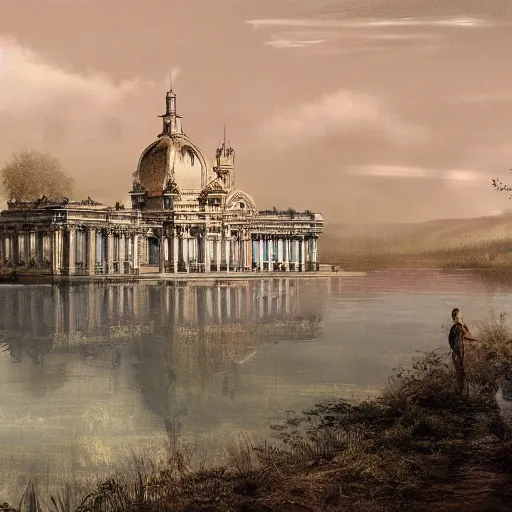 Prompt: concept art of a large victorian palace on the edge of a lake. Digital art. Realistic. Highly detailed.