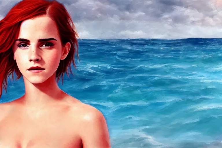 Prompt: highly detailed Red-haired beauty Emma Watson in a bikini, mid-shot ,pixiv , digital painting