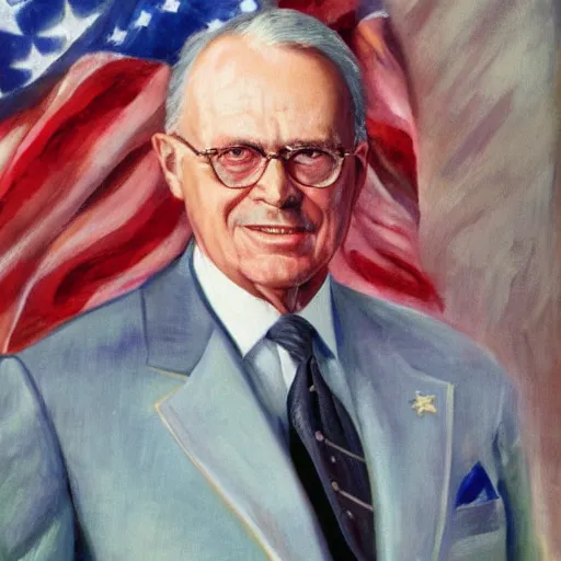 Prompt: Official Portrait of United States President Conrad Stetson, 1954, Oil on Canvas