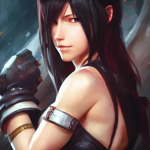 Prompt: Tifa from FF7R, D&D, fantasy, highly detailed, digital painting, artstation, smooth, sharp focus, illustration, art by artgerm and greg rutkowski and alphonse mucha
