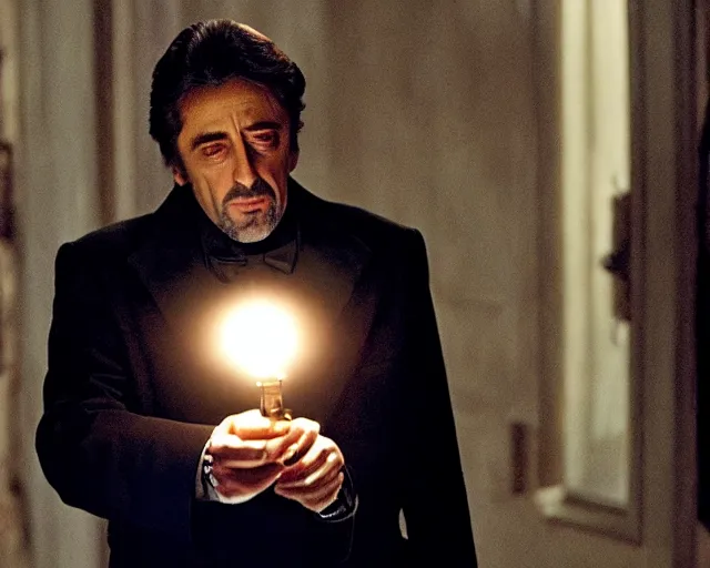 Prompt: mafioso ( al pacino ) examines a magical glowing object ; scene from the modern hbo mini series / the outfit /, a supernatural mafia crime thriller about magical monster - hunting mafiosi in philadelphia, hd 8 k film photography, with modern supernatural horror aesthetic.