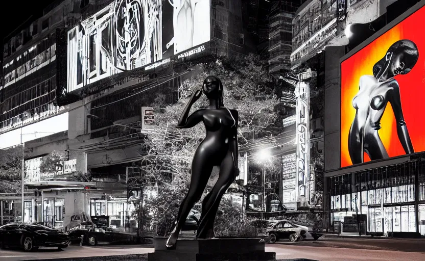 Image similar to night time photo of billboard advertisement of extremely beautiful female black marble statue in the style of virgil abloh, colorful motocross logos behind her, sharp focus, clear, detailed,, cinematic, detailed, off white, glamourous, symmetrical, vogue, editorial, fashion, magazine shoot, glossy