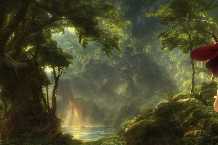 Image similar to a detailed of the greatest explorer emerging from the jungle as a shonen anime protagonist, 1 8 th century south america, octane render, 8 k, volumetric lighting, in the style of disney, art by albert bierstadt and thomas moran