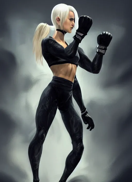 Image similar to a highly detailed illustration of fierce ponytail platinum blonde woman wearing black mma gear and gloves, dramatic muay thai kick stance pose, fairly muscular, athletic, intricate, elegant, highly detailed, centered, digital painting, artstation, concept art, smooth, sharp focus, league of legends concept art, WLOP