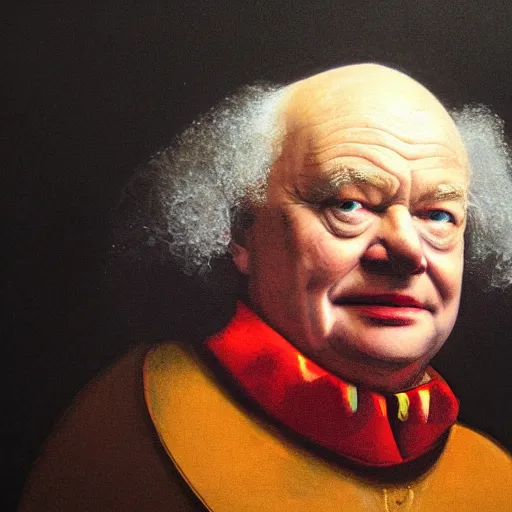 Prompt: sir patrick moore as ronald mcdonald close up portrait in the style of rembrandt