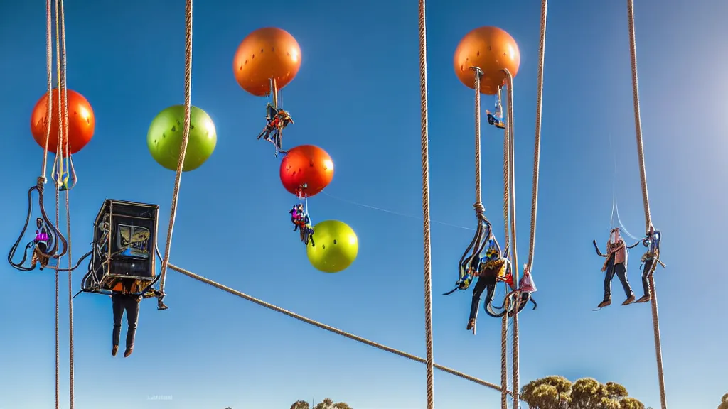 Image similar to large colorful futuristic space age metallic steampunk balloons with pipework and electrical wiring around the outside, and people on rope swings underneath, flying high over the beautiful adelaide city landscape, professional photography, 8 0 mm telephoto lens, realistic, detailed, photorealistic, photojournalism