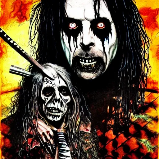 Prompt: graphic illustration, creative design, rob zombie as alice cooper, biopunk, francis bacon, highly detailed, hunter s thompson, concept art