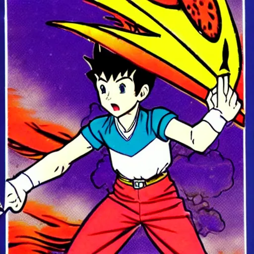 Prompt: magical boy throwing a bolt of fire, in shonen jump magazine, art by osamu tezuka, manga, anime