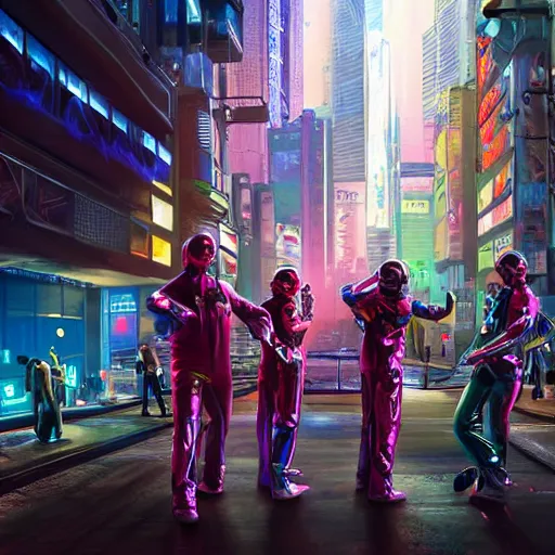 Image similar to stunning award winning hyperrealistic hdr 8 k highly detailed digital painting, trending on artstation of the wiggles cosplaying as cyborgs in futuristic cyberpunk city