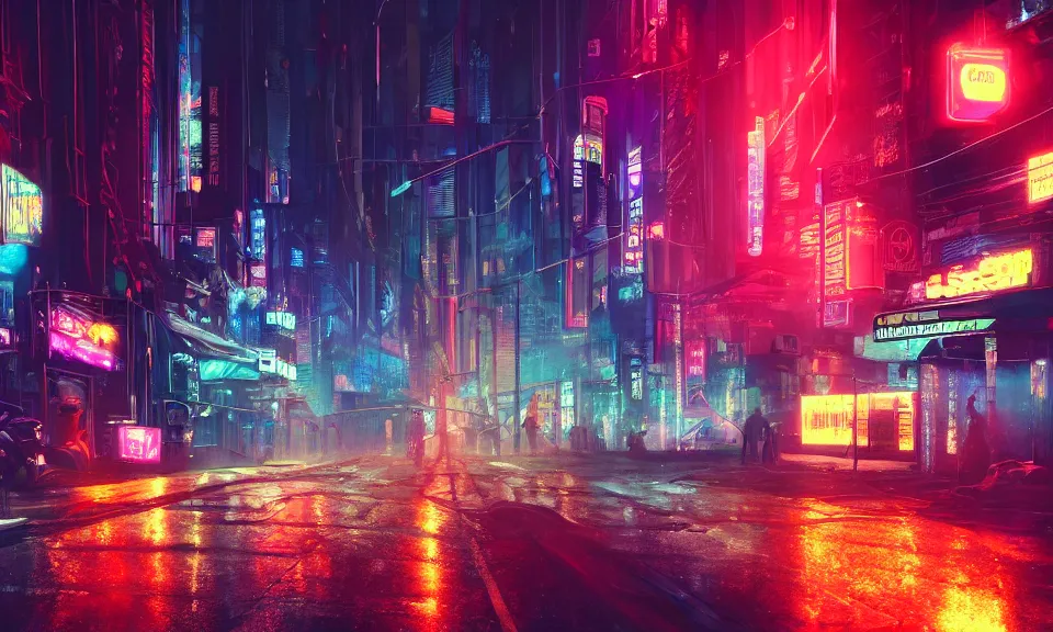 a cyberpunk street scene with neon lights, raining, | Stable Diffusion ...