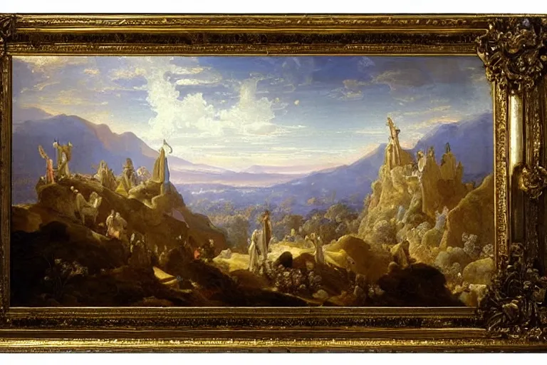 Prompt: a beautiful baroque painting of a beautiful landscape by Juste-Aurèle Meissonnier, gold pillar, silver roof, blood on walls, crystal blue shard, Trending on artstation