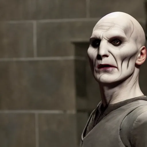 Image similar to Voldemort played by the actor Leonardo di Caprio, movie still