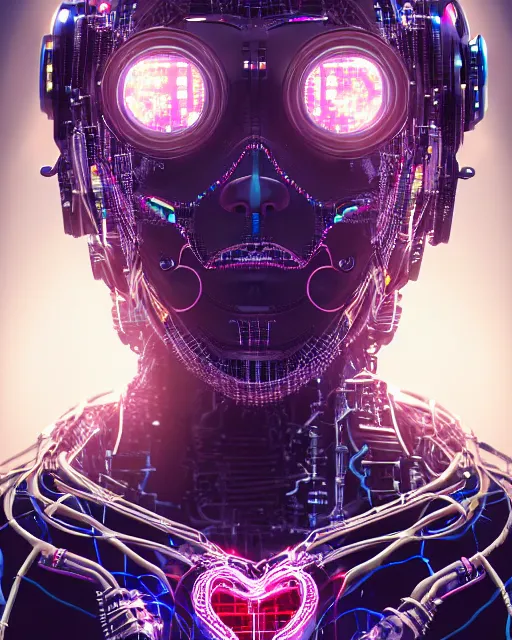 Image similar to portrait of a beautiful human heart as a cyberpunk cyborg half robot, revealing wires and electronics, hooked - up, sci - fi, missing panels, intricate abstract upper body intricate artwork, concept art, octane render, deviantart, cinematic, key art, hyperrealism, iridescent accents, portrait photograph, nikon 3 5 mm, photograph by greg rutkowski