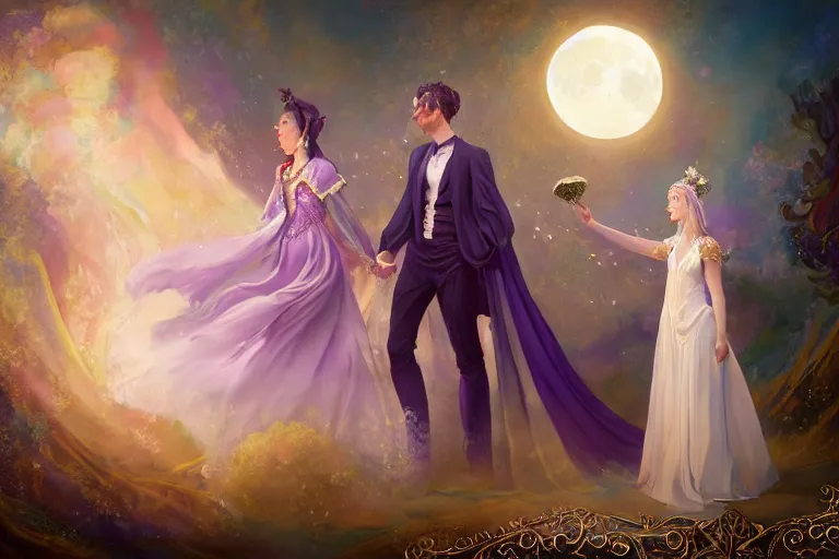 Prompt: a dreamlike cinematic portrait of wedding photograph close up moment of a divine a russian sun god and moon goddess lovers magician at a wedding banquet. portraiture. digital painting. artstation. concept art. fantasy wedding photo. digital painting, 8 k realistic, hyper detailed, violet evergarden art masterpiece by art by krenz cushart