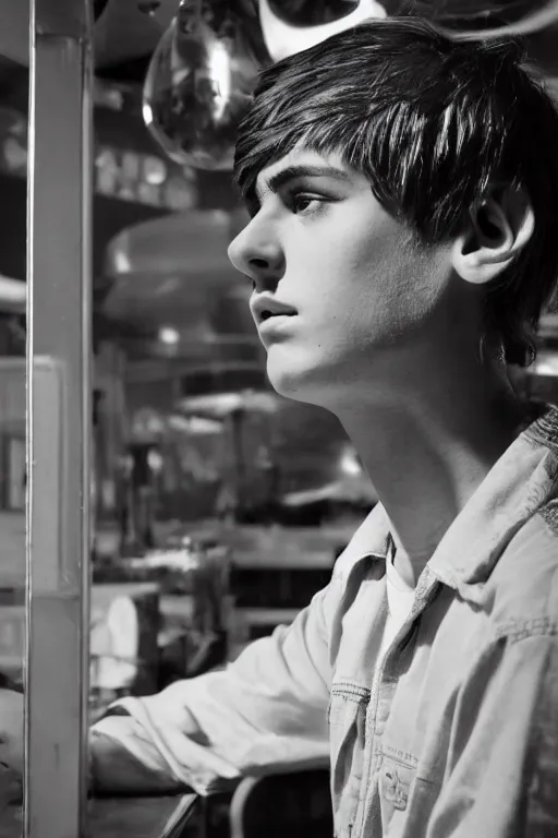 Image similar to an ultra high definition telephoto portrait cyberpunk 7 0 s diner film set photograph of a young man with short messy brown hair triangle head puffy cheeks narrow chin high cheek bones confused expression. wide angle close up. three point lighting. volumetric. refraction. imagined detail. soft focus ambient light sources. haze, light glare, art directed. filmic.