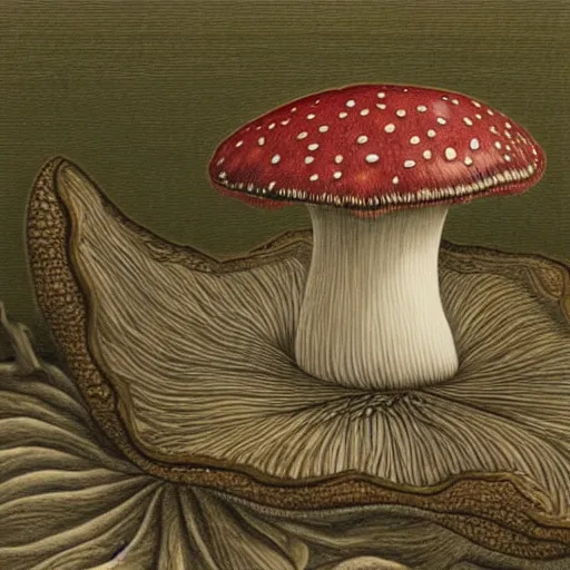 Image similar to a hybrid between a mushroom and a sofa, insanely detailed, studio light, gustav dore, colored pencil