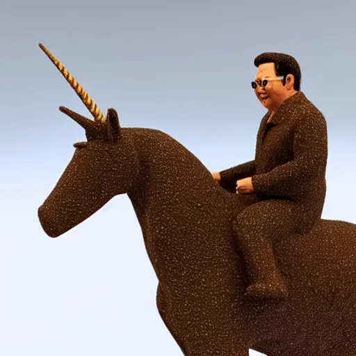 Prompt: 3D render of Kim Jong-il riding on the back of a cute unicorn in a snowy mountain range, highly intricate, highly detailed,