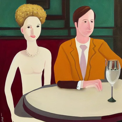 Prompt: creamy, delicious painting, portrait of a couple on a date, by wes anderson