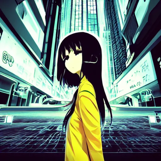 Image similar to Frequency indie album cover, luxury advertisement, yellow filter. Clean and detailed post-cyberpunk sci-fi close-up schoolgirl in asian city in style of cytus and deemo, blue flame, relaxing, calm and mysterious vibes, by Tsutomu Nihei, by Yoshitoshi ABe, by Ilya Kuvshinov, by Greg Tocchini, nier:automata, set in half-life 2, Matrix, GITS, Blade Runner, Neotokyo Source, Syndicate(2012), dynamic composition, beautiful with eerie vibes, very inspirational, very stylish, with gradients, surrealistic, dystopia, postapocalyptic vibes, depth of field, mist, rich cinematic atmosphere, perfect digital art, mystical journey in strange world, beautiful dramatic dark moody tones and studio lighting, shadows, bastion game, arthouse