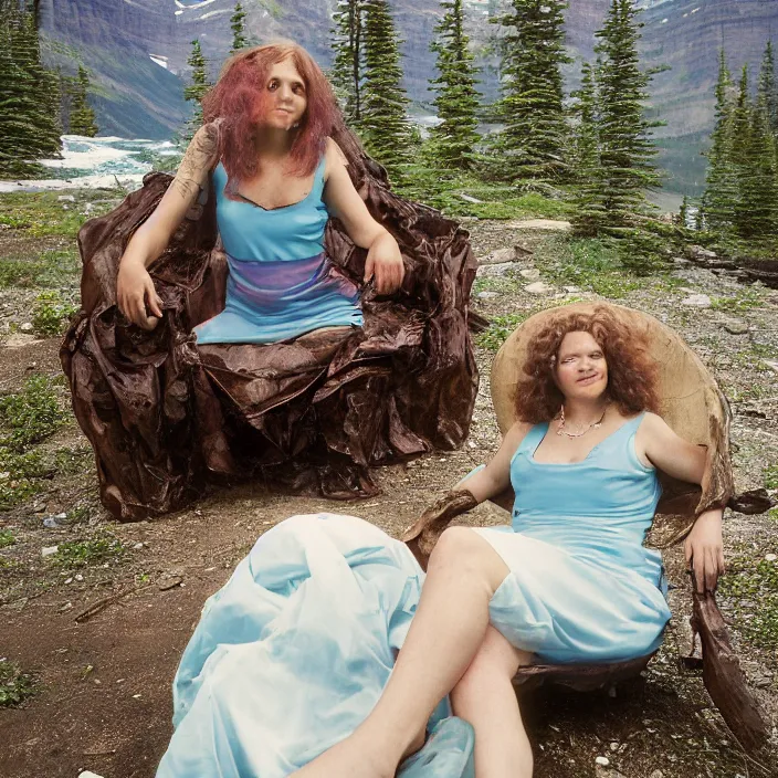 Prompt: a color photograph, closeup portrait of a woman sitting on a plastic throne, in glacier national park in montana, color photograph, by vincent desiderio, canon eos c 3 0 0, ƒ 1. 8, 3 5 mm, 8 k, medium - format print