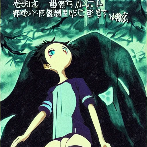 Prompt: an anime film vhs cover for a film by miyazaki of studio ghibli and tim burton, of a pastel goth vampire bat woman learning how to live in an empty cottage by herself in the middle of the woods, old vintage vhs, scan lines, grainy quality, real anime, fairies