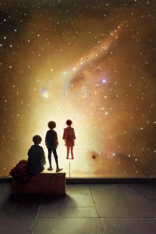 Image similar to a 1 2 year old boy and 1 0 year old girl looking at a wall and viewing the universe full of galaxies, part by norman rockwell, part by greg rutkowski, part by mattias adolfsson, high angle, ( ( ( ( volumetric lighting ) ) ) ), oil on canvas