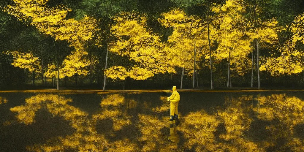 Image similar to a man in a yellow hazmat suit stands in a small lake with reflections in a detailed forest, painting, concept - art, rendering, octane, redshift, cinematic composition, volumetric lighting